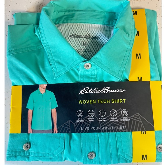 Eddie Bauer Other - Eddie Bauer Woven Tech Shirt Mens Medium Teal Green Short Sleeve UPF 50 Vent New